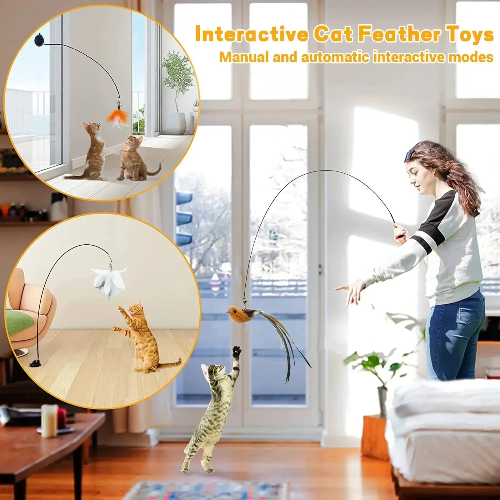 Interactive Feather Wand Cat Toy with Super Suction Cup