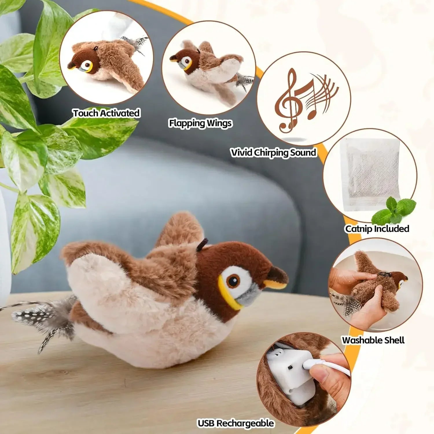 Rechargeable Chirping Bird Cat Toy - Touch Activated Plush with Catnip