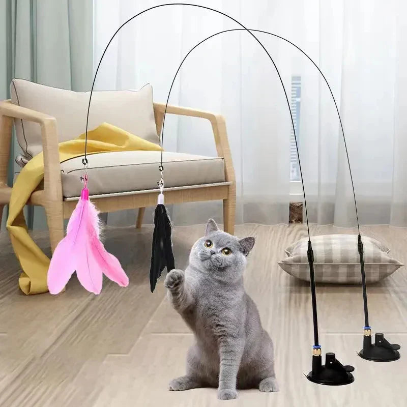 Interactive Feather Wand Cat Toy with Super Suction Cup