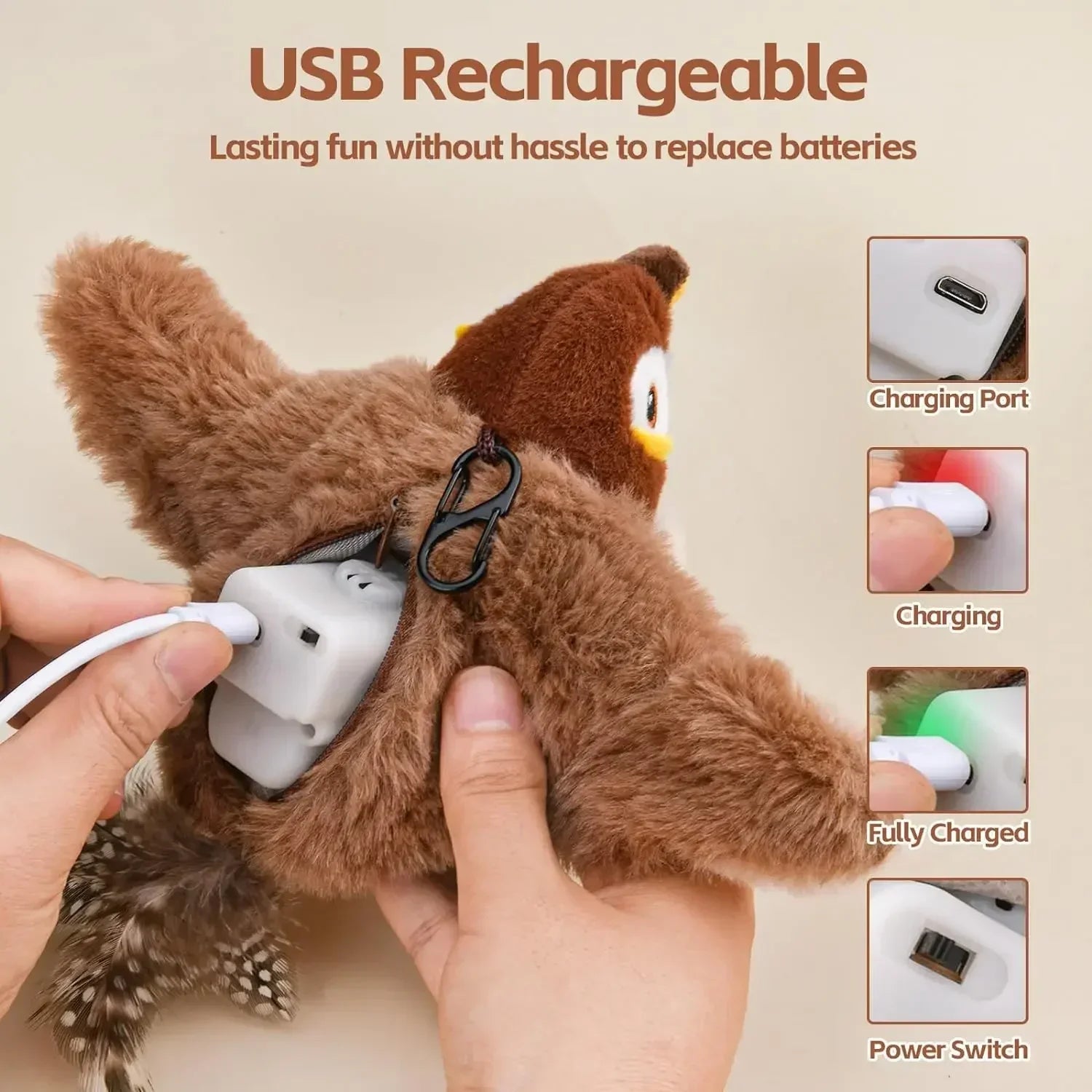 Rechargeable Chirping Bird Cat Toy - Touch Activated Plush with Catnip